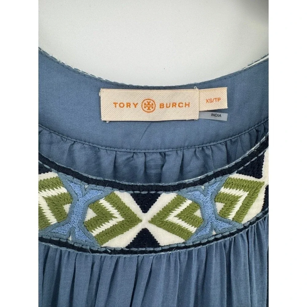Tory Burch Blue Tiered Midi Dress Embroidered Long Sleeve Boho Peasant Women XS